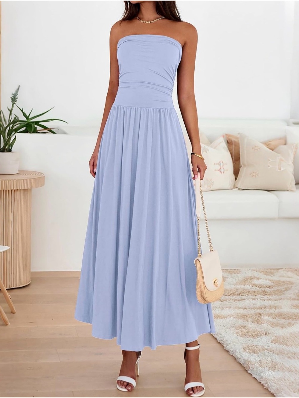 Women's Strapless Light Blue Maxi Dress - Elegant Summer Silhouette